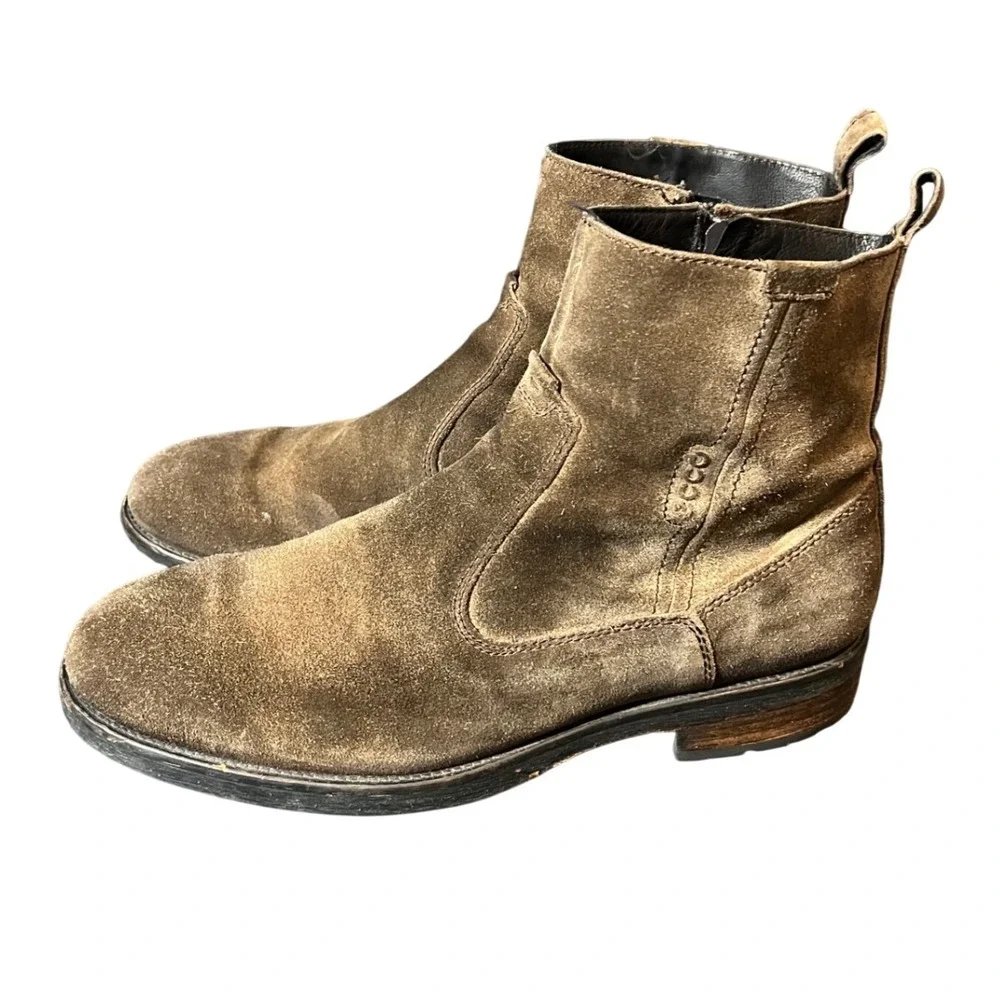 ECCO Suede Boots Mens 44 Brown Side Zip Vibram Sole Leather Lining 5900038906